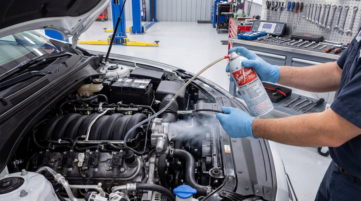 Step-by-step guide showing running sea foam through the intake system in a professional auto repair shop