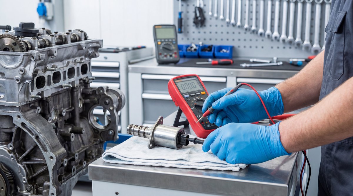 Step-by-step guide showing testing the vvt solenoid in a professional auto repair shop