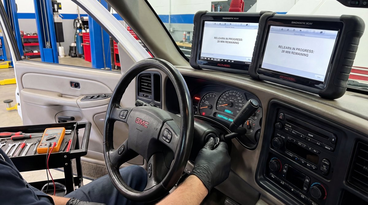 Step-by-step guide showing the 30-minute relearn procedure in a professional auto repair shop