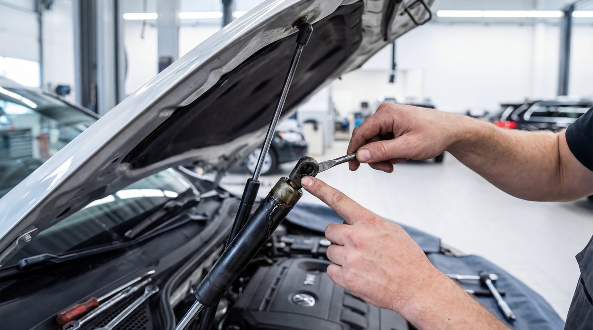 Step-by-step guide showing when to replace your hood struts in a professional auto repair shop